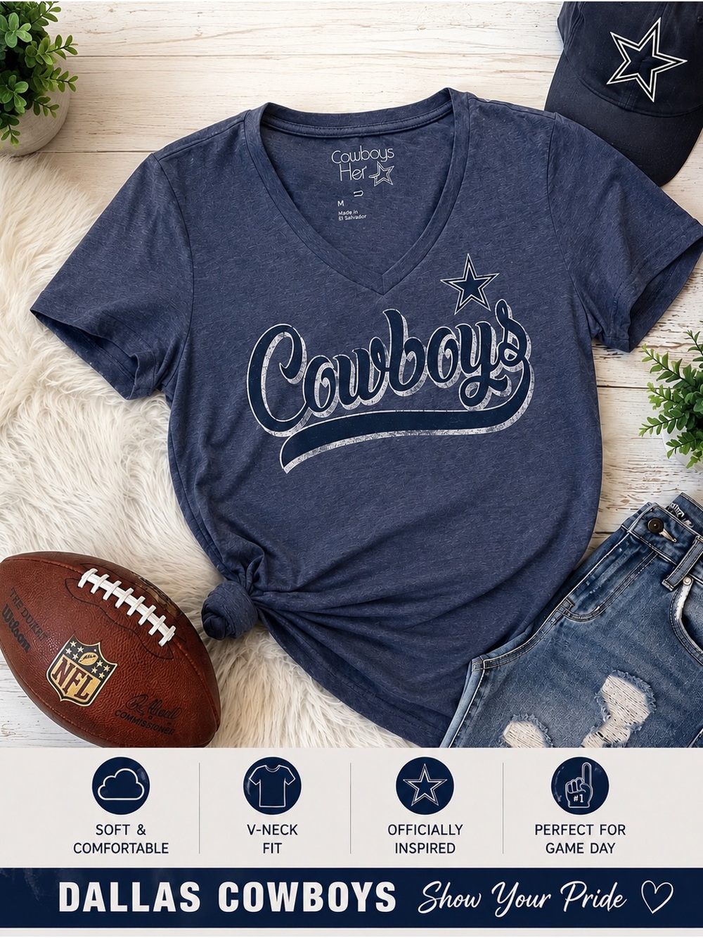🏈 Cowboys Her Style Dallas Cowboys V-Neck T-Shirt Women’s Medium ⭐